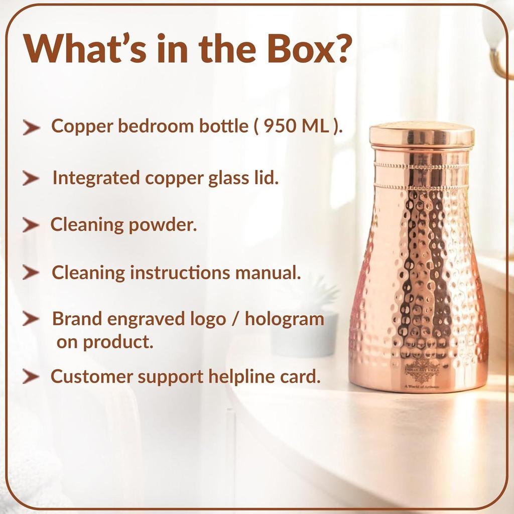 Pure Copper Water Bottle with Glass Lid, Hammered Shine, 950 ml