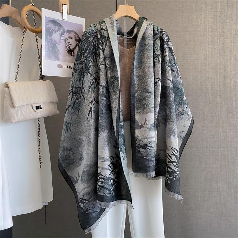Design Oil Floral Printde Cashmere Scarf Women Winter Pashmina Shawls And Wraps Thick Warm Bufanda Stoles Blanket Luxury