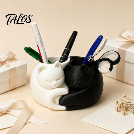 Desktop Stationery Organizer 3D Printed Cat Pen Holder, Cute Sleeping Kitty Organizer, 2-in-1 Multifunctional Storage Box for Makeup Brushes