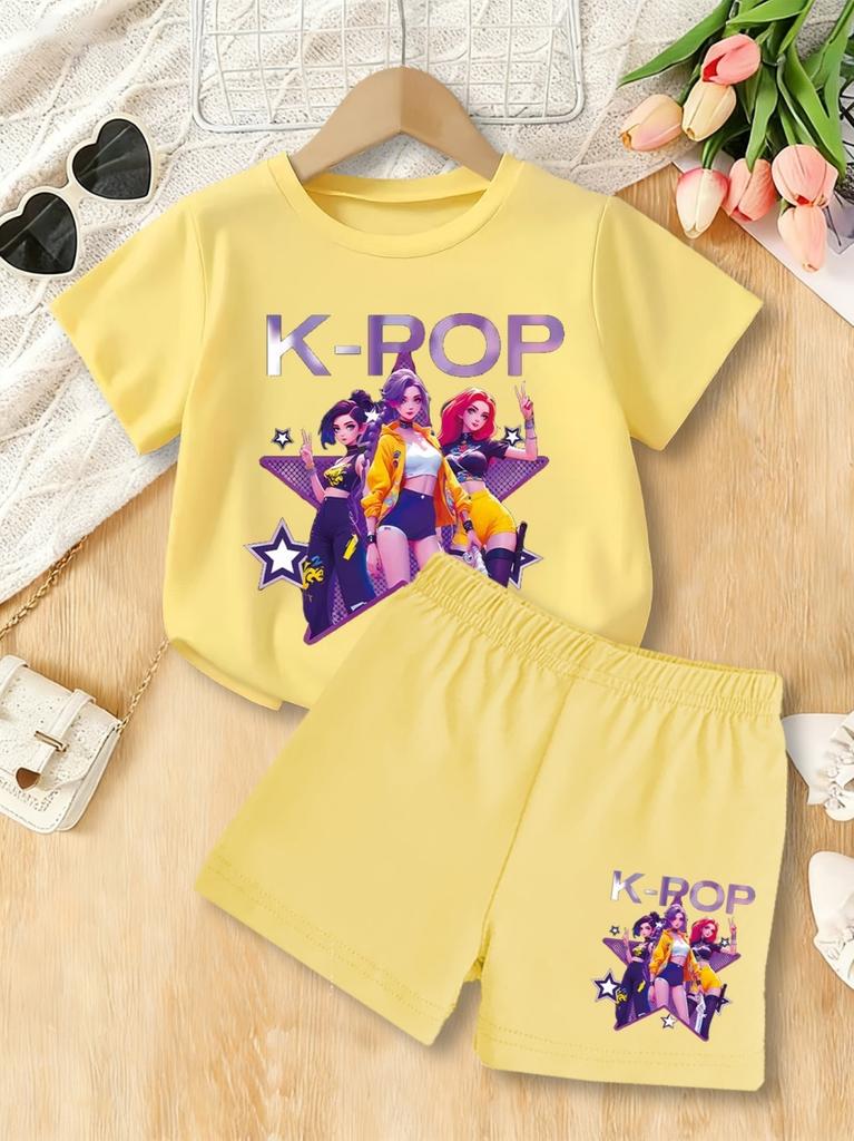 Summer Kpop Popular Cartoon Print Children Clothing Short Sleeve Shorts Set Featuring Casual Harajuku Children Clothes Girl Set