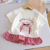 Cute Girls Summer Cartoon Bow Print Short Sleeve T Shirt With Plaid Ruffle Hem Top For Baby Toddler Kids Clothing