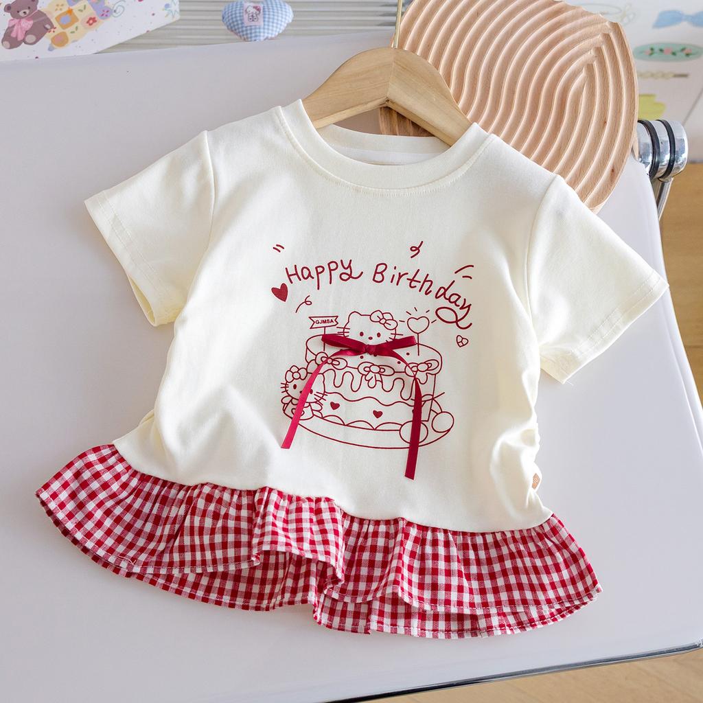 Cute Girls Summer Cartoon Bow Print Short Sleeve T Shirt With Plaid Ruffle Hem Top For Baby Toddler Kids Clothing