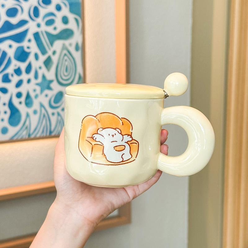 Cute Milk Fufu Cute Mug with Lid Spoon Girls Household Ceramic Coffee Cup Student Breakfast Milk Cup