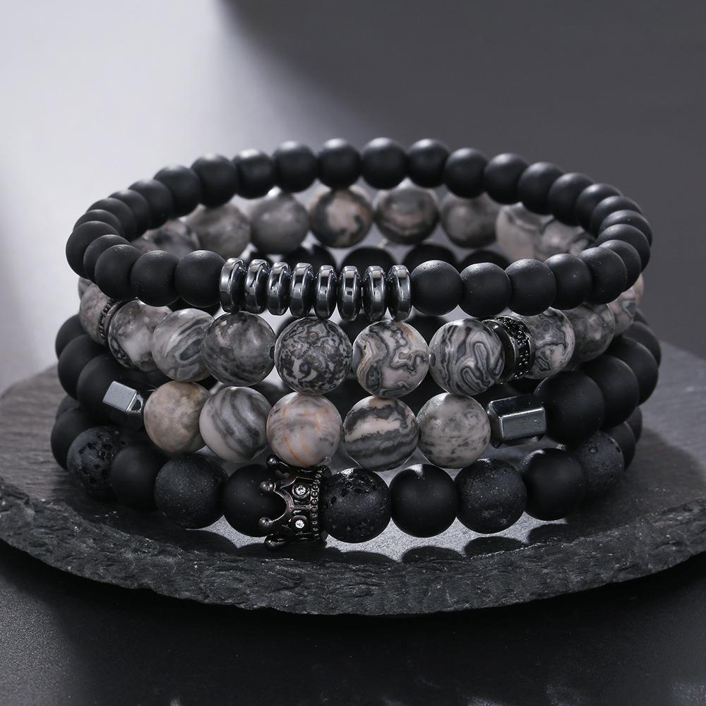 Black Matte Copper Inlaid Zirconium Diamond Ball Flying Saucer Long Bracelet Bracelet Set Wholesale Men's Woven Bracelet
