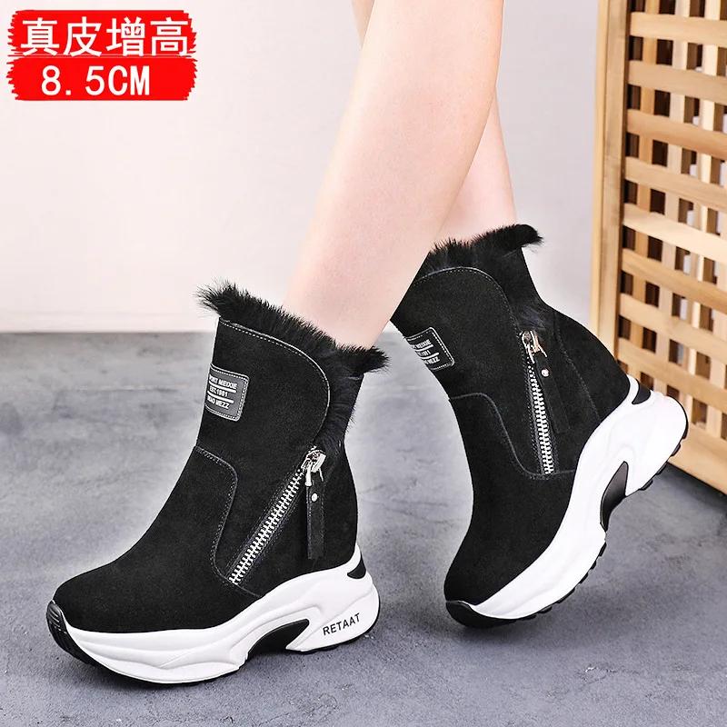 Women Snow Boots Genuine Leather Suede Natural Fur 8.5cm Platform Wedge Zipper Women Winter Shoes Warm Ankle Booties