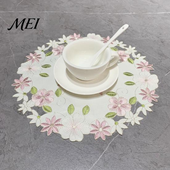 Cup Coaster Mat Embroidered Flower Placemat, Round Floral Heat Resistant Table Dinner Plate Placemat Protector for Dining Vase Wedding Party