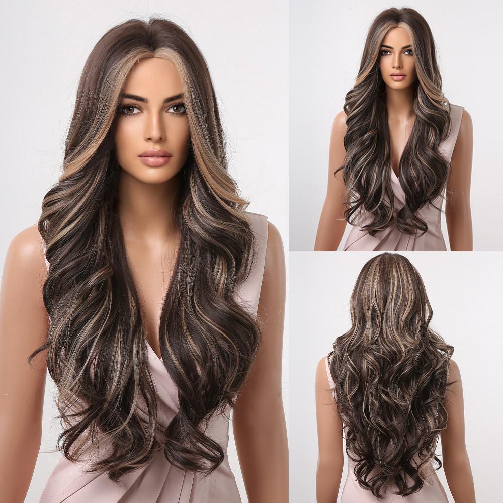 ALAN EATON Lange gewellte braune Perücke mit Pony, synthetische Perücken für schwarze Frauen, hitzebeständige Faser, Cosplay-Party, Naturhaar-Perücke