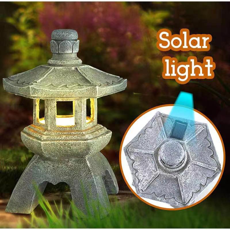 Zen Solar Stone Pagoda Lantern - Outdoor Resin Ornament for Garden and Courtyard Decor