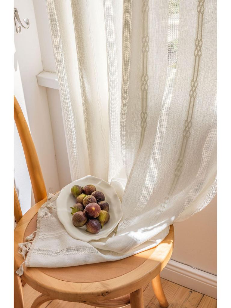 Imanqi Yun Semi-Blackout White Striped Embroidered Curtains for Kitchen & Living Room Windows