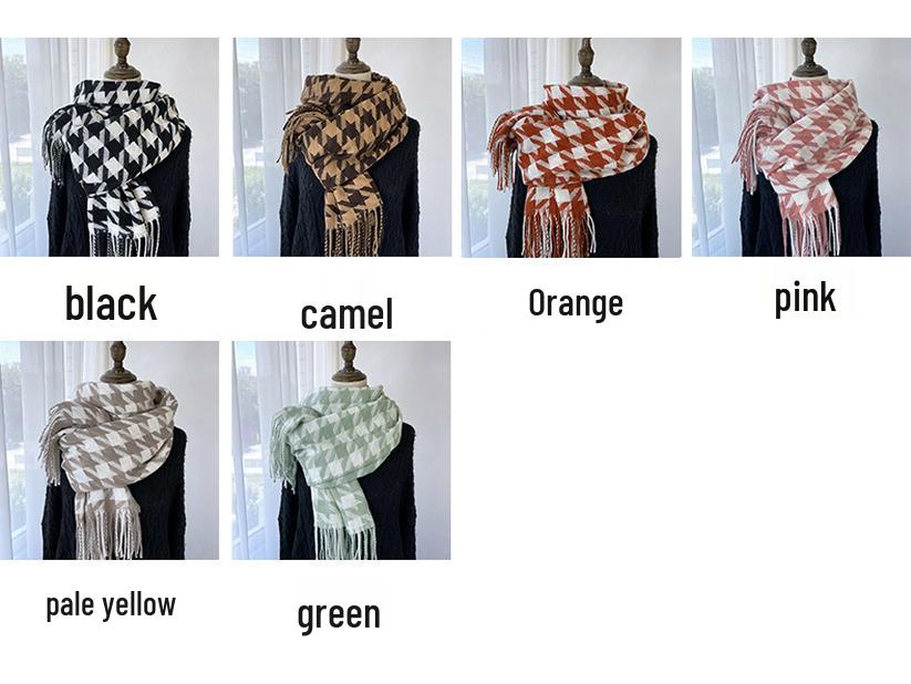 Women's Medium-Length Houndstooth Scarf - Warm, Sweet Style, Imitation Cashmere, Tassel Snood, Thick Shawl