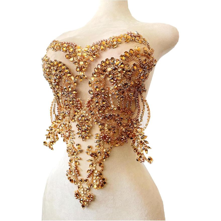 Handmade red/Blue/Gold/Green Rhinestones Lace Bodice Applique Sewing Beads Crystal Trim Patches Accessory for Dress Clothes (Light Champagne)