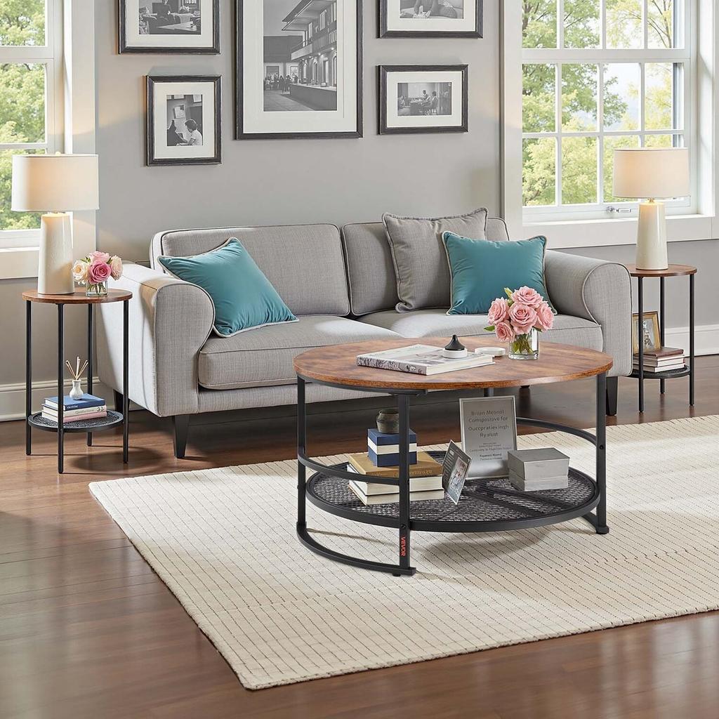 3 Pieces Round Coffee Table Sets, 80 cm Industrial Living Room Table with 2 End Side Tables, Easy Assembly Coffee and End Tables Sets with Metal Legs,