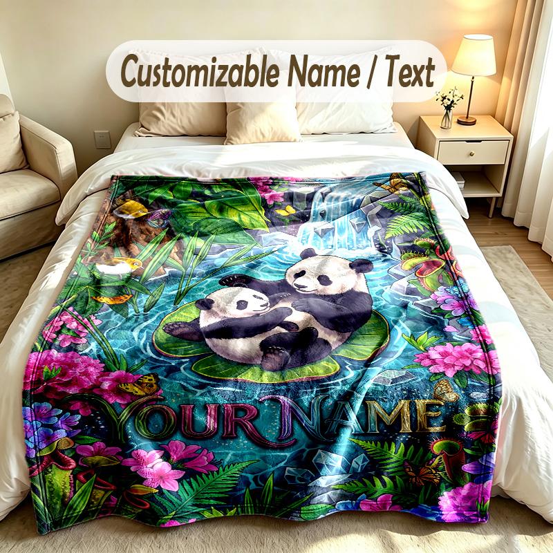 Bear Panda Theme Soft Blanket Personalized Custom Name Text Print Warm Blanket Home Sofa Bedroom Decor