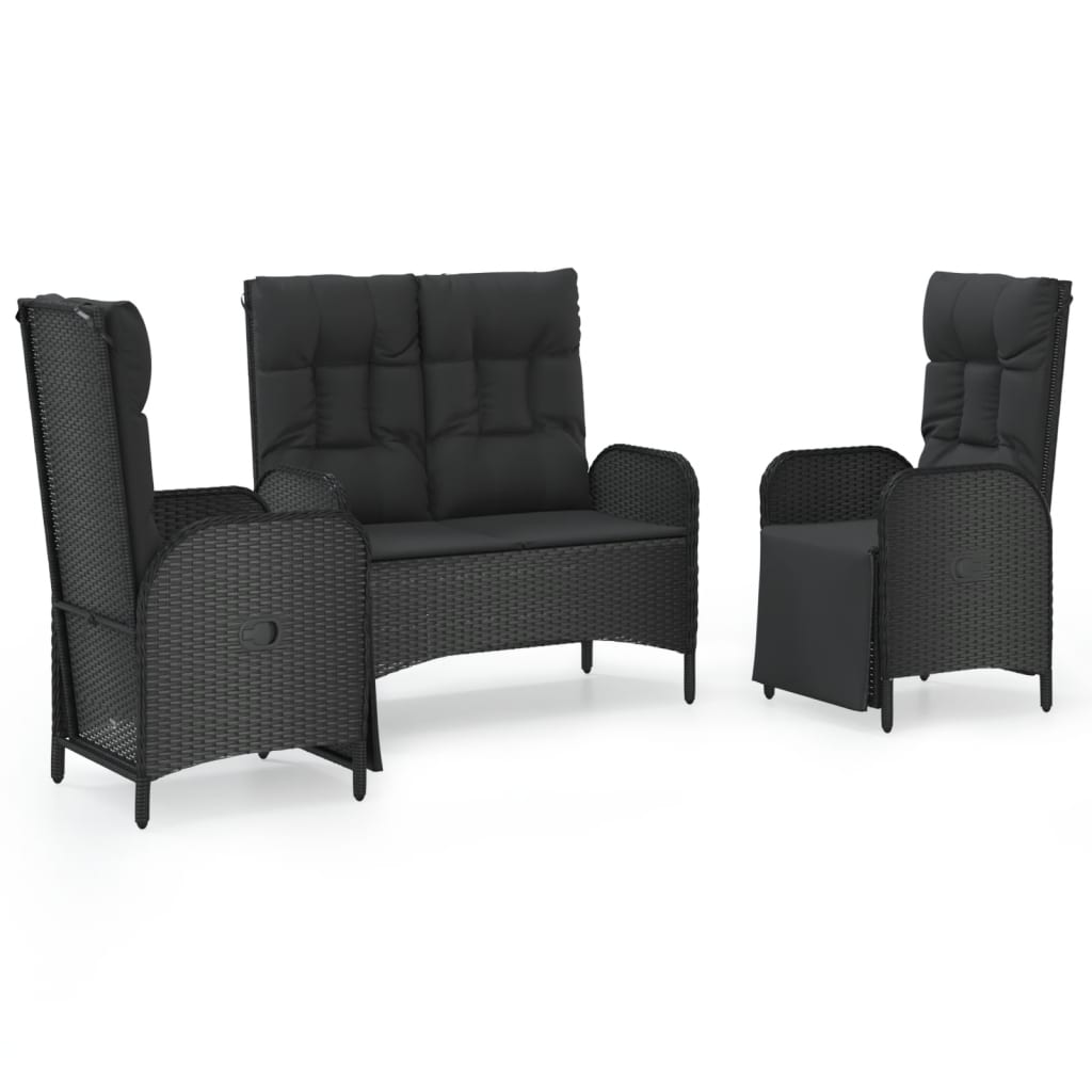 Vidaxl 3-Cz. Garden Furniture Set With Cushions, Black PE Rattan