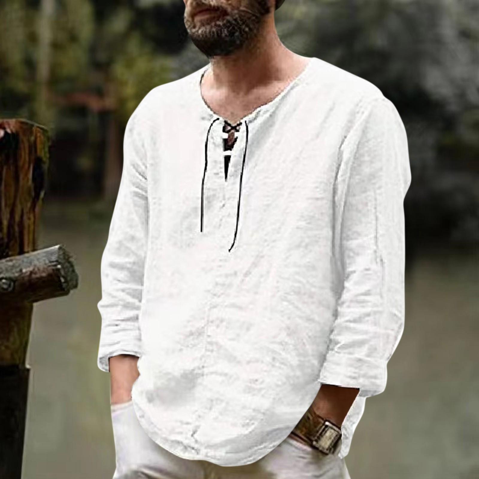 

Men s New Long Sleeved Color Trendy Cotton Linen Shirt Tie Up Top L белый