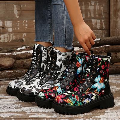 Europejskie i amerykańskie drukowane buty Martin duże rozmiary, nowe antypoślizgowe buty z grubą podeszwą, okrągłym noskiem i bocznym zamkiem na jesień i zimę