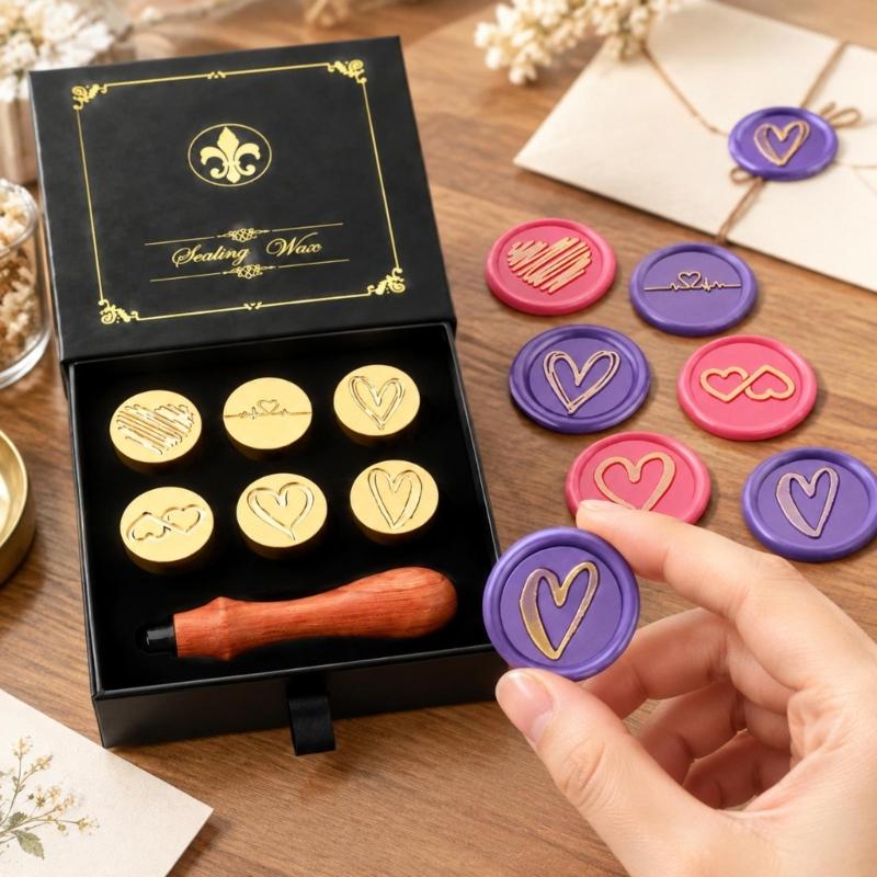 Decorative Wax Seal Stamp with Metal Components and 6 Round Design Disks for Gift Wrapping, Journaling, and Scrapbooks