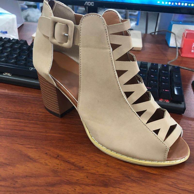 Spring and summer new large size women's fish mouth thick heel high heels mesh one-word ring buckle rear zipper women's sandals