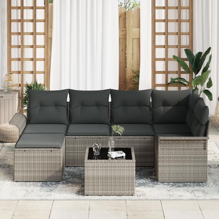 Canapé de jardin 7 pièces avec coussins gris en poly rattan, Canapé de jardin 2 places avec rangement et coussins gris clair 3354111