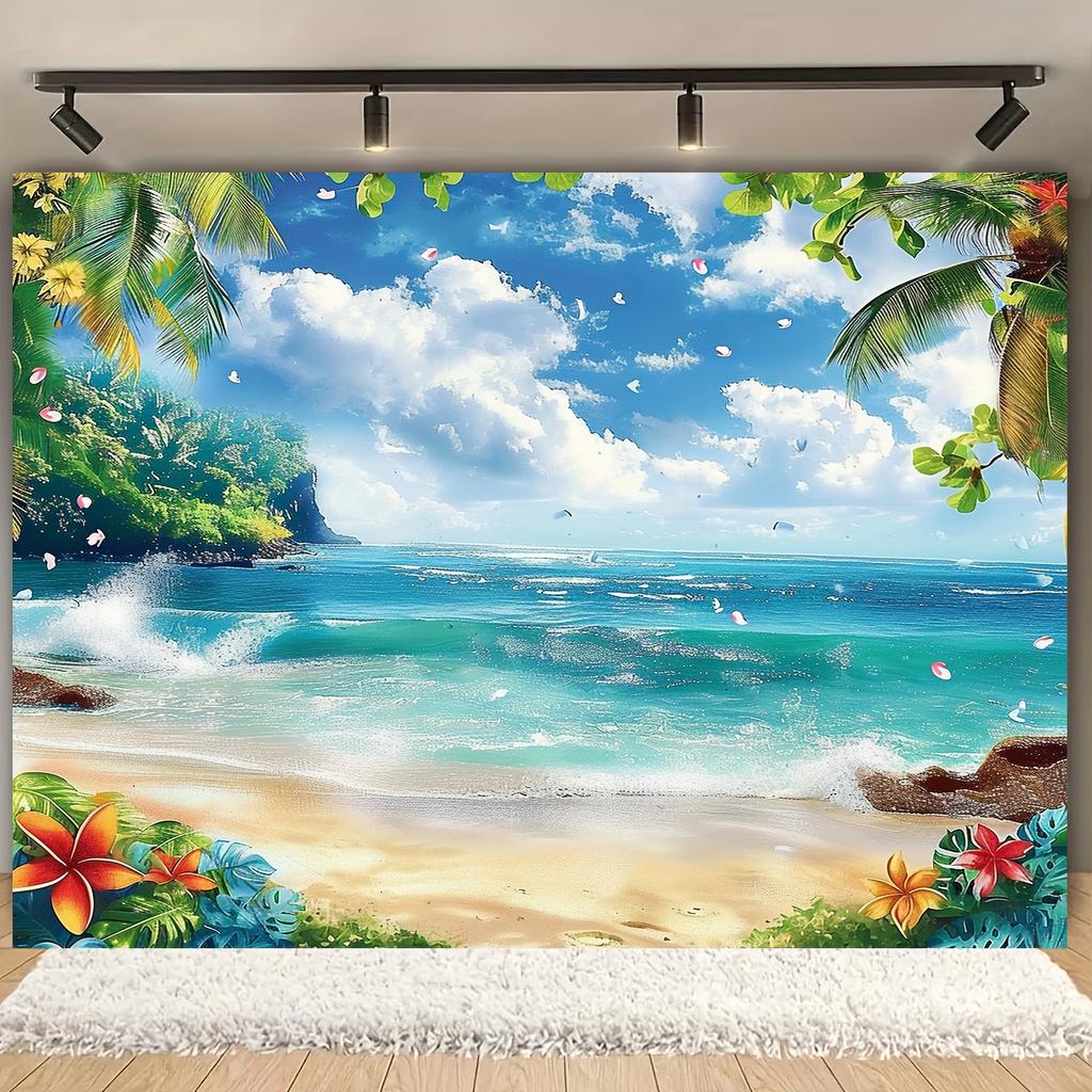 1PC, Hawaiian Beach Background Cloth, Blue Sky and Ocean, Palm Leaves and Flowers, Suitable for Party and Birthday Decoration