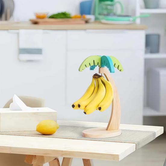 Banana Holder Stand Wooden Banana Hanger Tree with Metal Hook Decorative Vertical Storage Rack for Kitchen Countertop