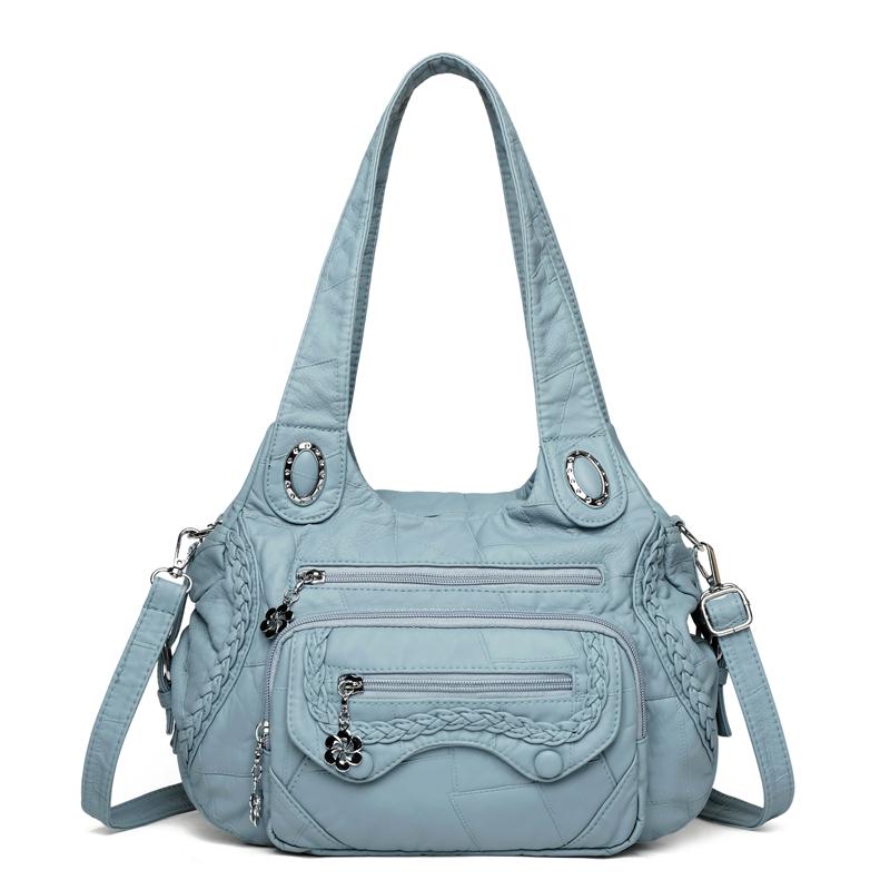 Women's Vintage Leather Shoulder Bag Multi-Zipper Pocket Crossbody Bag with Braided Detail Casual Handbag for  Use for Daily Life and Weekend Outings