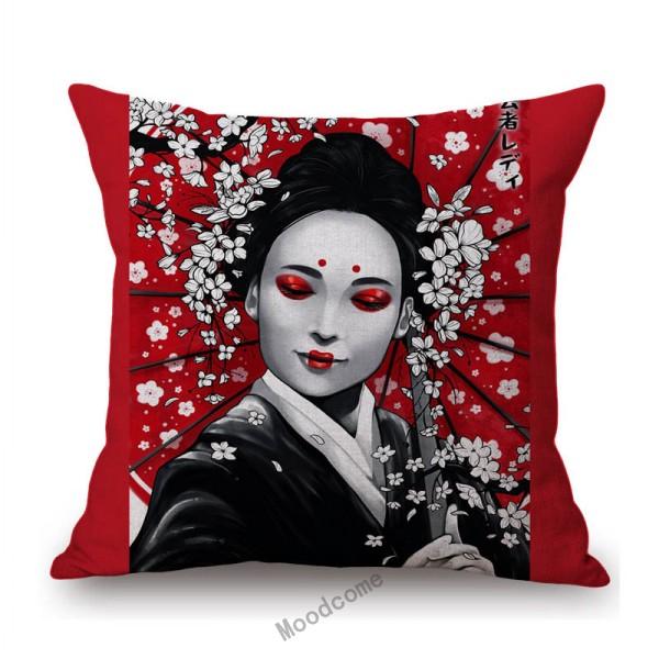 Japanese Ink Painting Geisha Samurai Spirit Tattoo Black Red Sakura Sushi Store Decoration Throw Pillow Case Linen Cushion Cover