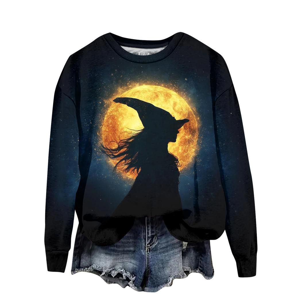 Women's Fashion Casual Long Sleeve Crewneck Sweatshirt with Halloween Print