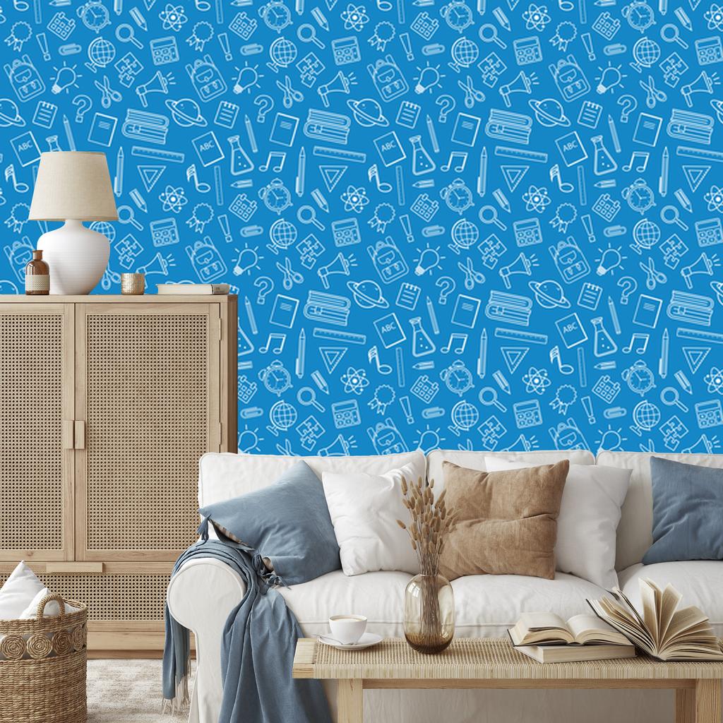 Wallpaper School Supplies Blue, Clear Detail 50x1000
