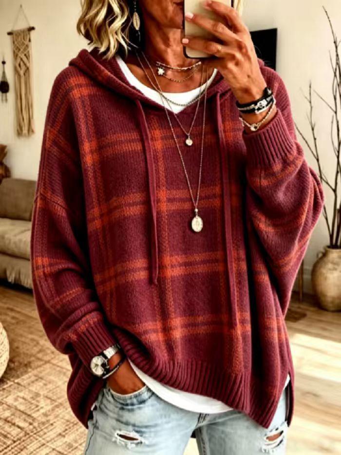 Women's Retro Plaid Hooded Knit Sweatshirt - Loose Fit, Drop Shoulder, Drawstring Pullover Sweater for Casual Wear.