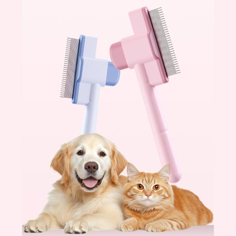 Pet Hair Removal Tool Fleas Comb for Dogs Cats Lice Cats Brush with Release Button Selfs Cleaning with Long Short Teeth