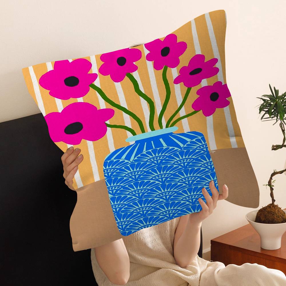 Pink Flower Market Vase Floral Plant Pillow Cover Sofa Cushion Cover Home Room Decoration Children Gift