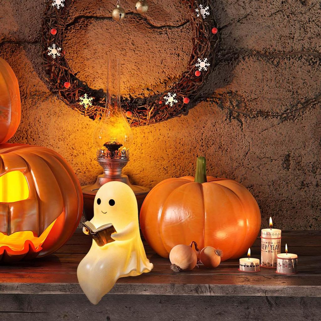 Ghost Reading Book Lamp Cute Ghost Night Light Resin Figurine Halloween Centerpiece For Bedside Tabletop Bookshelf Home Office