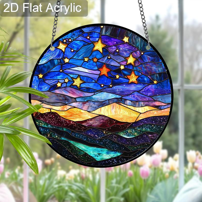 Acrylic Starry Night Sky and Mountains Suncatcher, Stained Glass Style Window Hanging Ornament for Celestial and Landscape Lovers