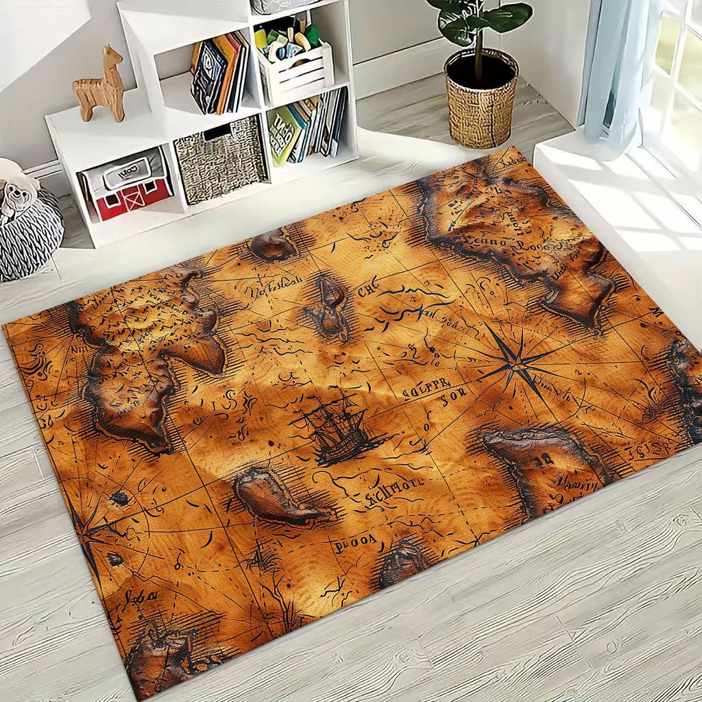 Retro Nautical Map Chart Treasure Map Compass Moto Rug for Bedroom Living Room Sofa Home Doormat Decor,Kids Non-slip Floor Mat