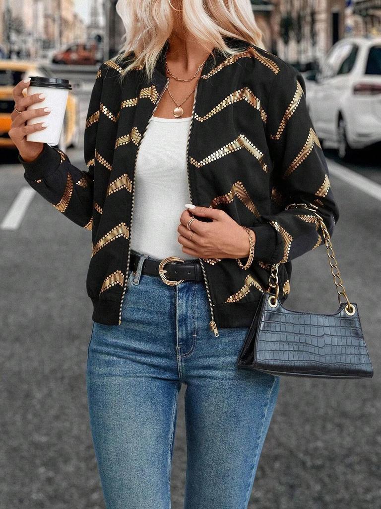 2025 Autumn/Winter Elegant Casual Zippered Women's Jacket with Hot Stamping Print