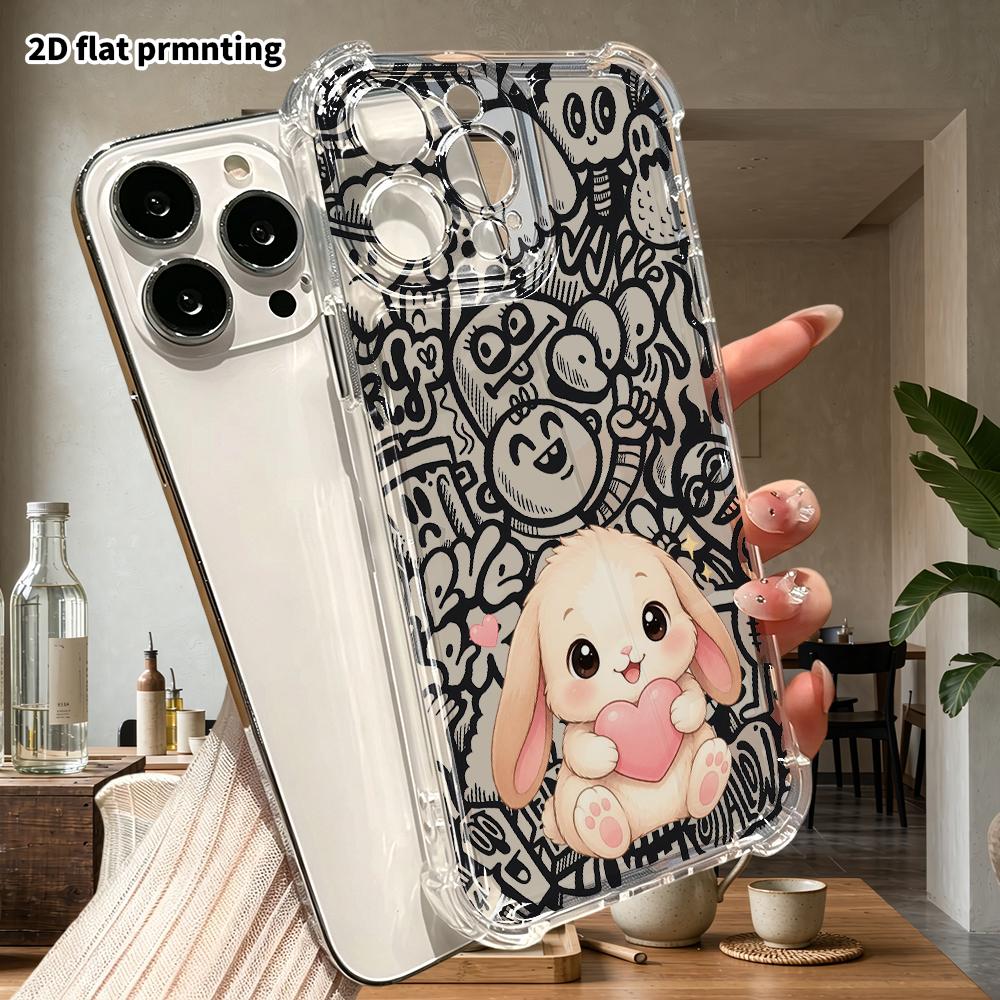 Phone Case: 2D Flat Suitable for iPhone 18 17 16 15 14 13 Pro, Transparent Four Corner Protective Case, Lop Eared Rabbit, Christmas and Halloween Gift
