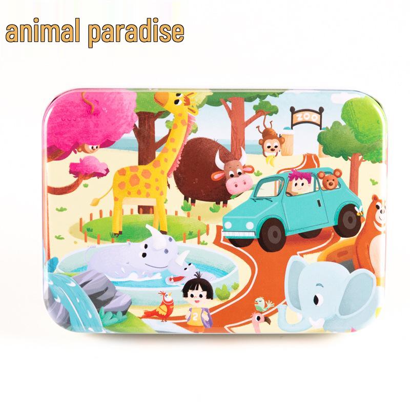 120-teiliges Holz-Cartoon-Puzzle in Blechdose für Kinder von 0-6 Jahren