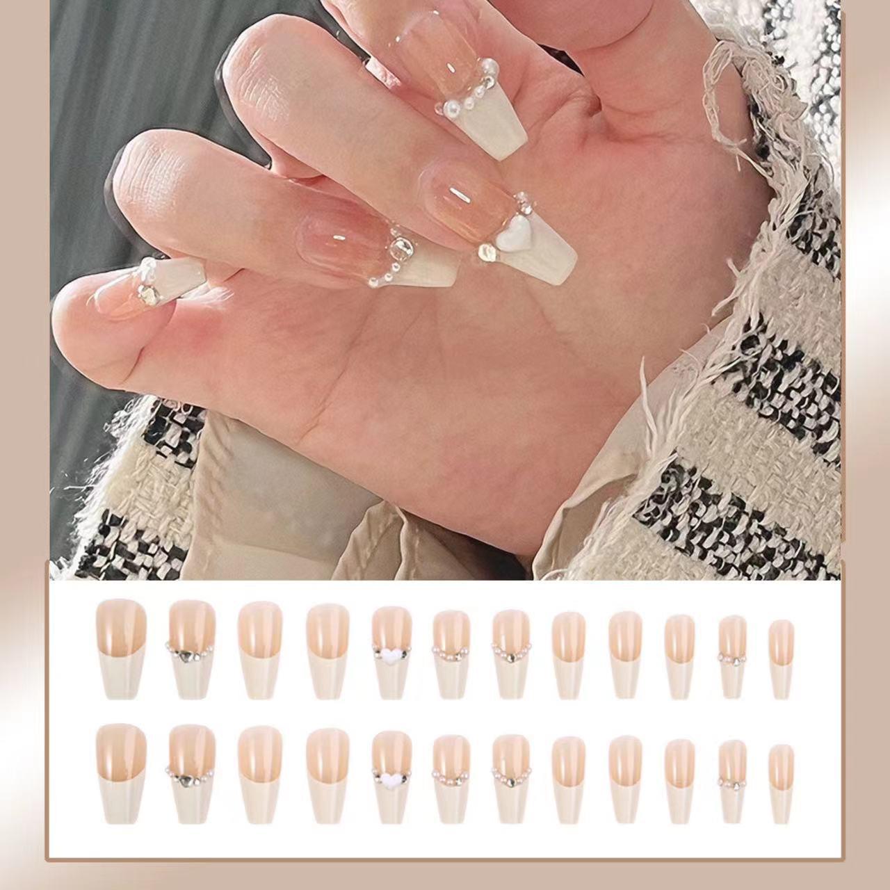 

Молочно-белые французские наклейки для ногтей со стразами в форме сердца: Ручная работа, Съемные накладные ногти, Милые и Крутые. Glue Type