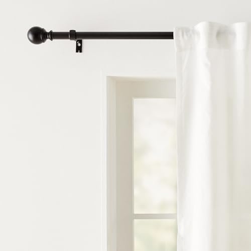 Amazon Basics Curtain Rod, Single, Adjustable Length, Round Caps, with Hardware, 183-366 cm, Black