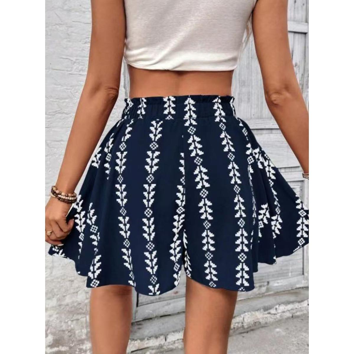 Damen elastischer Bund lockere Passform Skort Geometrischer Druck Shorts Rüschensaum Strandshorts Für Sommerurlaub M