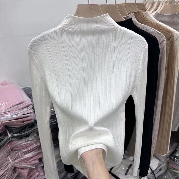 Women's Slim-Fit Ribbed Knit Base Layer Thin Half-High Neck Sweater for Layering