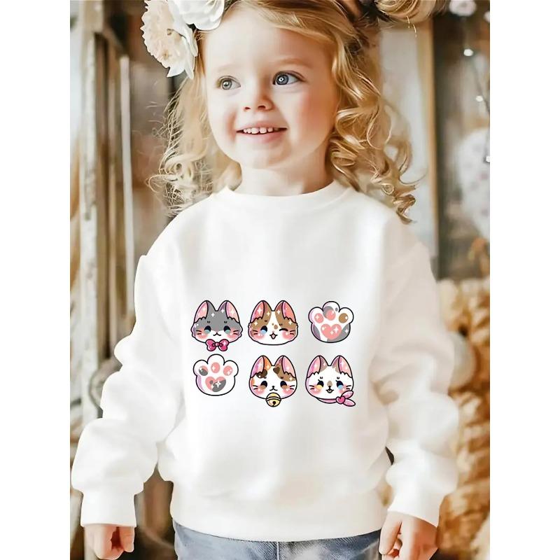 European sizes Girls Crewneck Sweatshirt - Cute Cat Faces And Paws Pattern, Sportswear And Casual Wear, Soft And Comfortable 110 белый