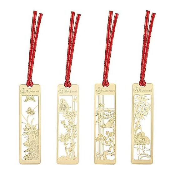 IQ LIFE 4-Piece Bookmark Set, Traditional Ancient Series, Plum, Bamboo, Orchid, Chrysanthemum, Stainless Steel Bookmarks