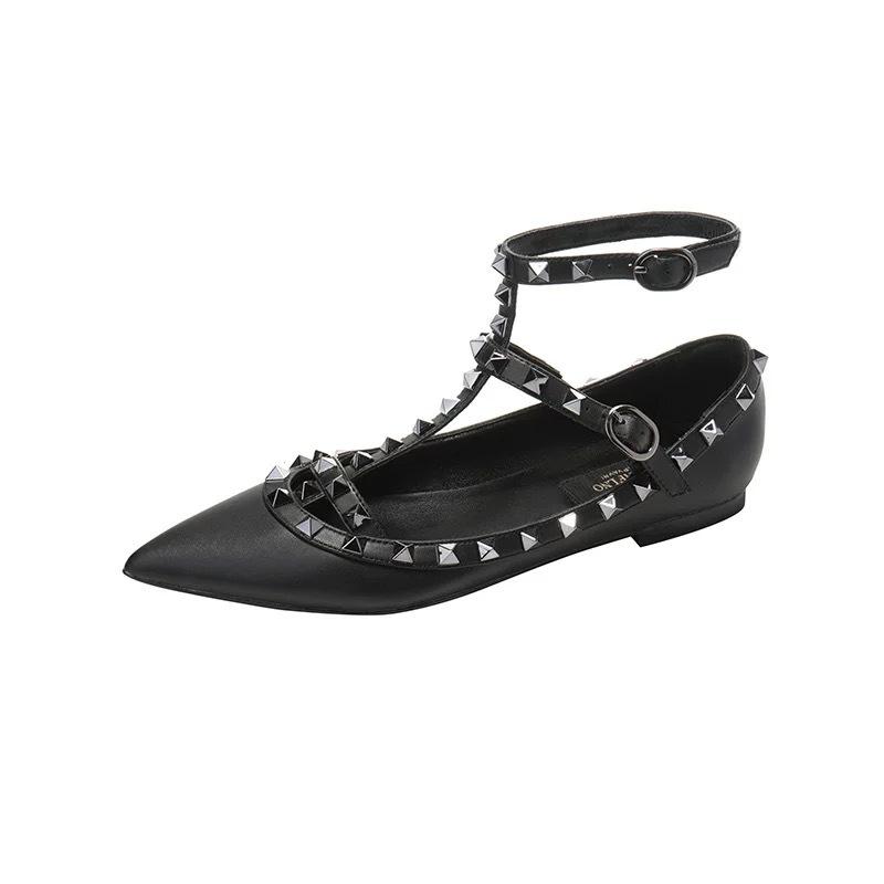 New V Home Rivet Pointed Flat Shoes Light Mouth Straps Willow Nude Patent Leather Soft Bottom Light Mouth Single Shoes Women