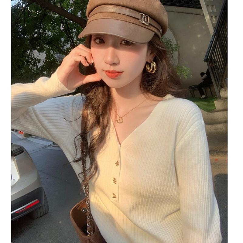 V-neck Fashion Women's Knitted Sweater Pullover Bottoming Shirt Spring Buttons Long Sleeved Top Outside Solid Color Casual Office Elegant Clothing