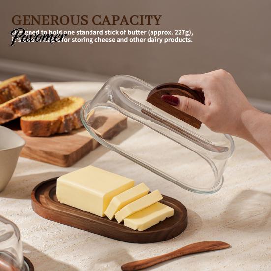 Japanese Style Butter Tray Wooden Dish with Glass Lid And Knife, Holder for Kitchen Spreader Countertop & Refrigerator, Keeper Tray, Container, Cheese