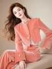 "2024 Autumn Women's Pink Velvet Suit: Slim Coat with Wide-Leg Pants"