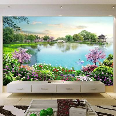 Papel Pintado Mural 3D Paisaje Natural Lago Foto Pintura de Pared Sala de Estar Punto Escénico Turístico Decoración de Pared de Fondo Fresco