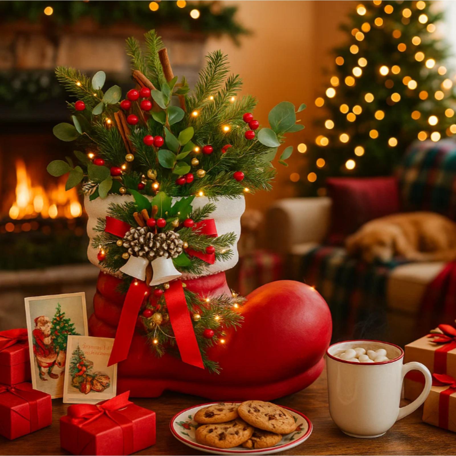 

Festive Red Christmas Boot Stocking With Holly Berries, Pinecones & Bells – Holiday Mantel Ornament One Size красный